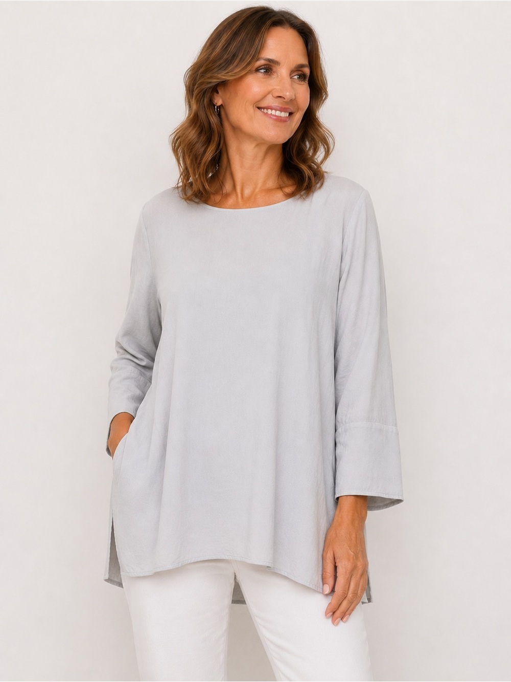 Eileen Fisher System 100% Silk Size XLarge Light Gray Top 3/4 Sleeves Crew Neck